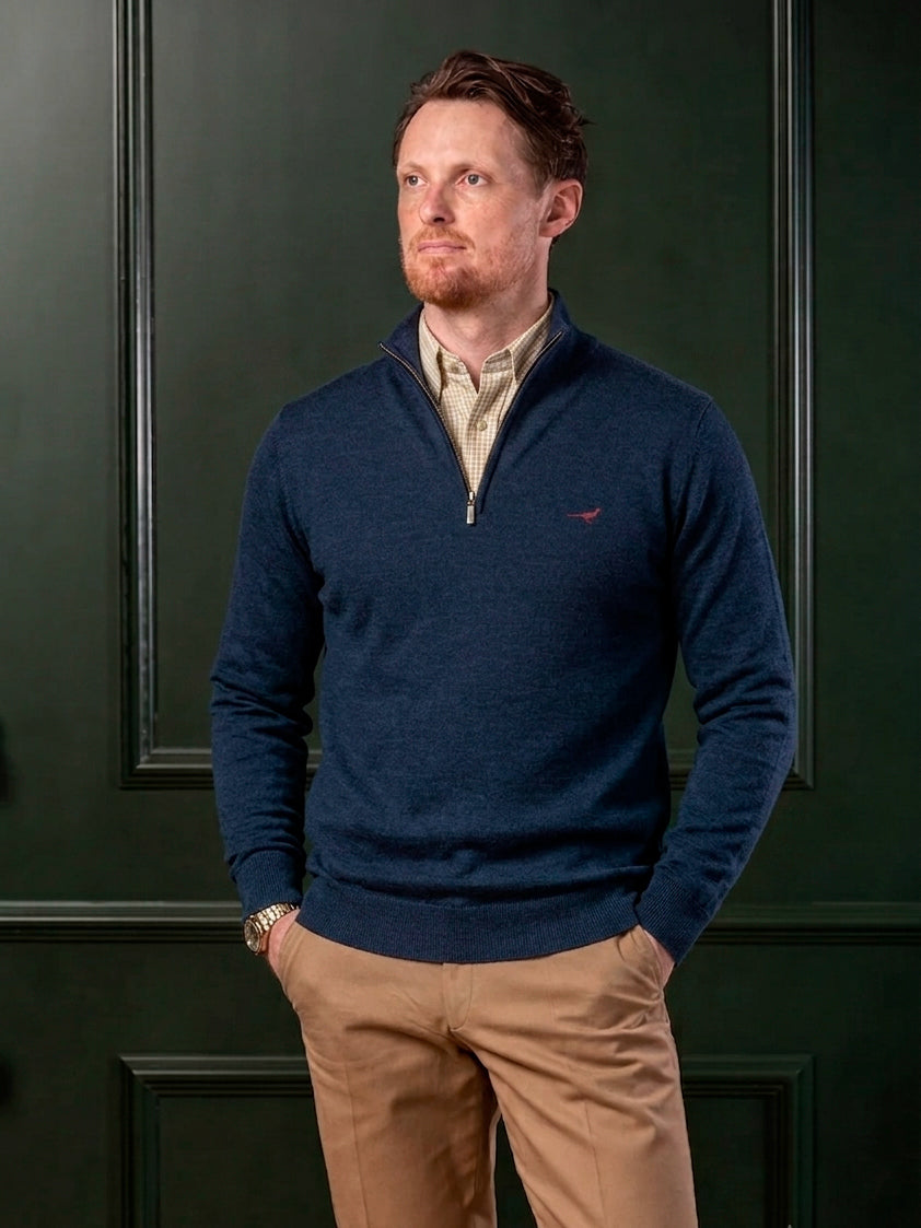 Norfolk Zip Neck Merino Sweater - French blue