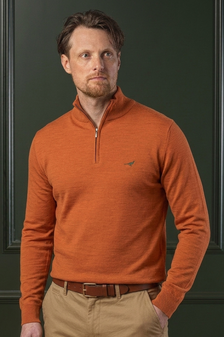 Norfolk Zip Neck Merino Sweater - Orange