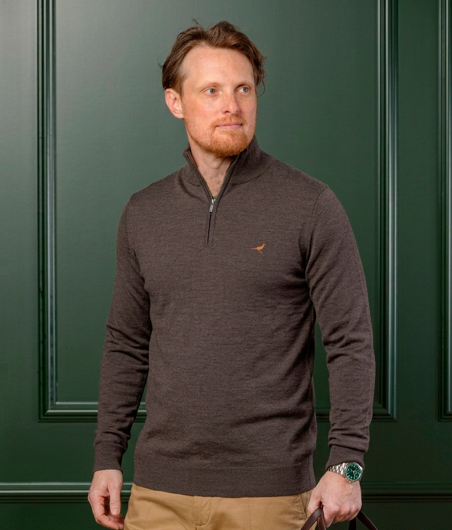 Norfolk zip-neck merino sweater - chocolate